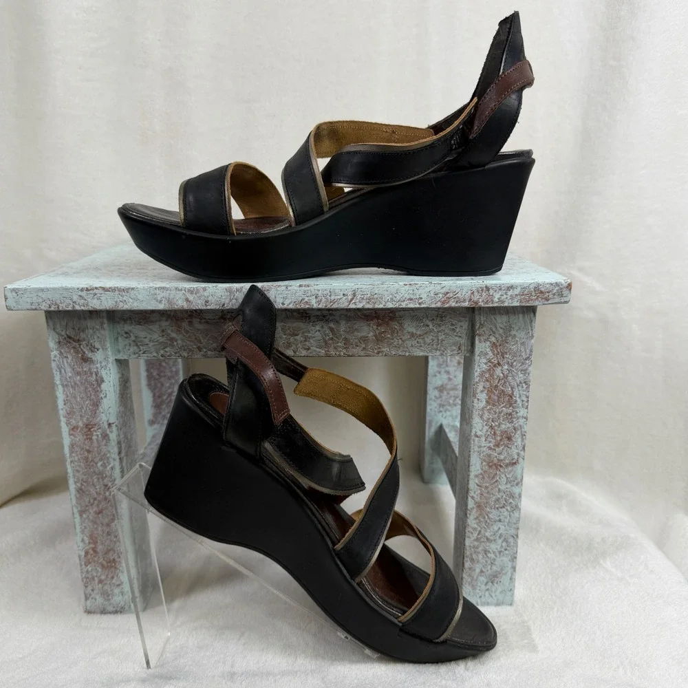 Naot Wedge Sandals Women‎ 42 Black Brown Leather Strappy Platform Comfort Shoes